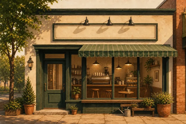Illustration of a warmly lit independent coffee shop with blank signage